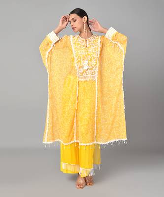 Ivory Bead Embellished Printed Kaftan Set 1