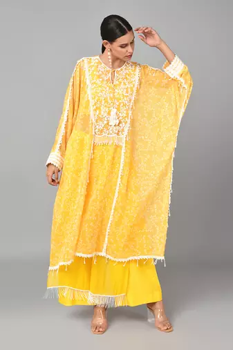 Ivory Bead Embellished Printed Kaftan Set