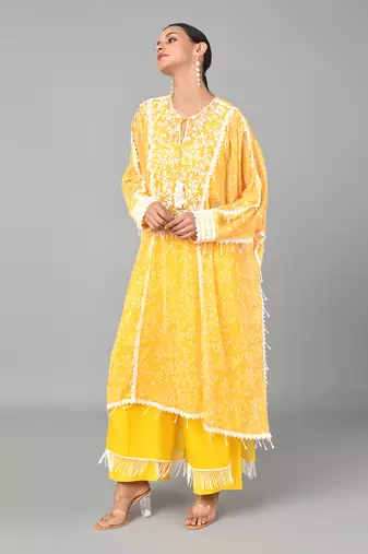 Ivory Bead Embellished Printed Kaftan Set