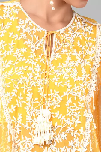 Ivory Bead Embellished Printed Kaftan Set