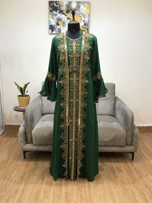 Dark Green Bell Sleeves Moroccan Kaftan With Sun Proof Hijab 1