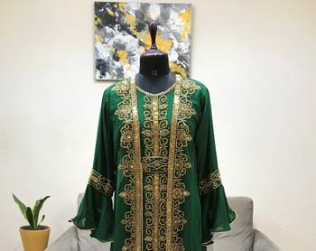 Dark Green Bell Sleeves Moroccan Kaftan With Sun Proof Hijab 2