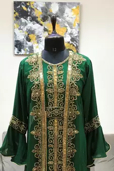 Dark Green Bell Sleeves Moroccan Kaftan With Sun Proof Hijab