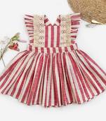 Halemons Pink Stripes Frilled Frock, Crochette Lace, Cotton Weave - Red