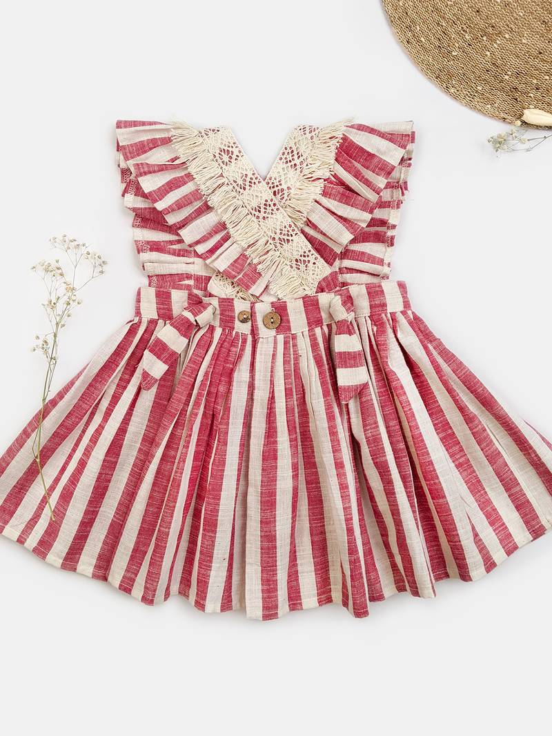 Halemons Pink Stripes Frilled Frock, Crochette Lace, Cotton Weave - Red