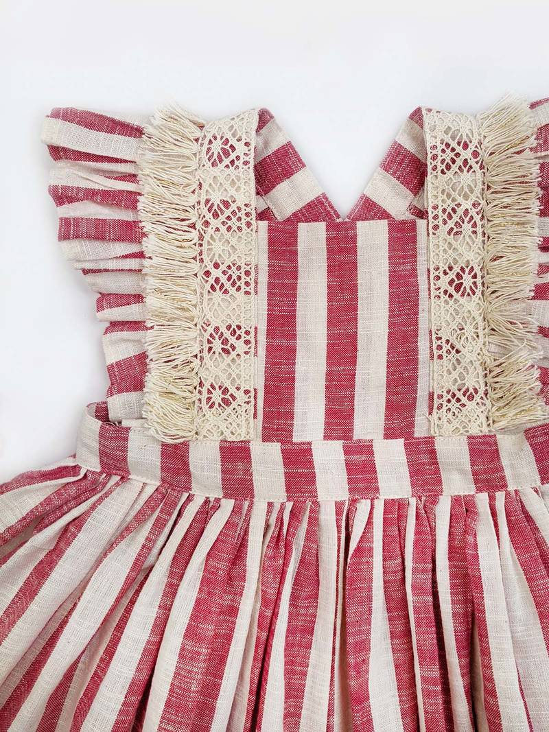 Halemons Pink Stripes Frilled Frock, Crochette Lace, Cotton Weave - Red