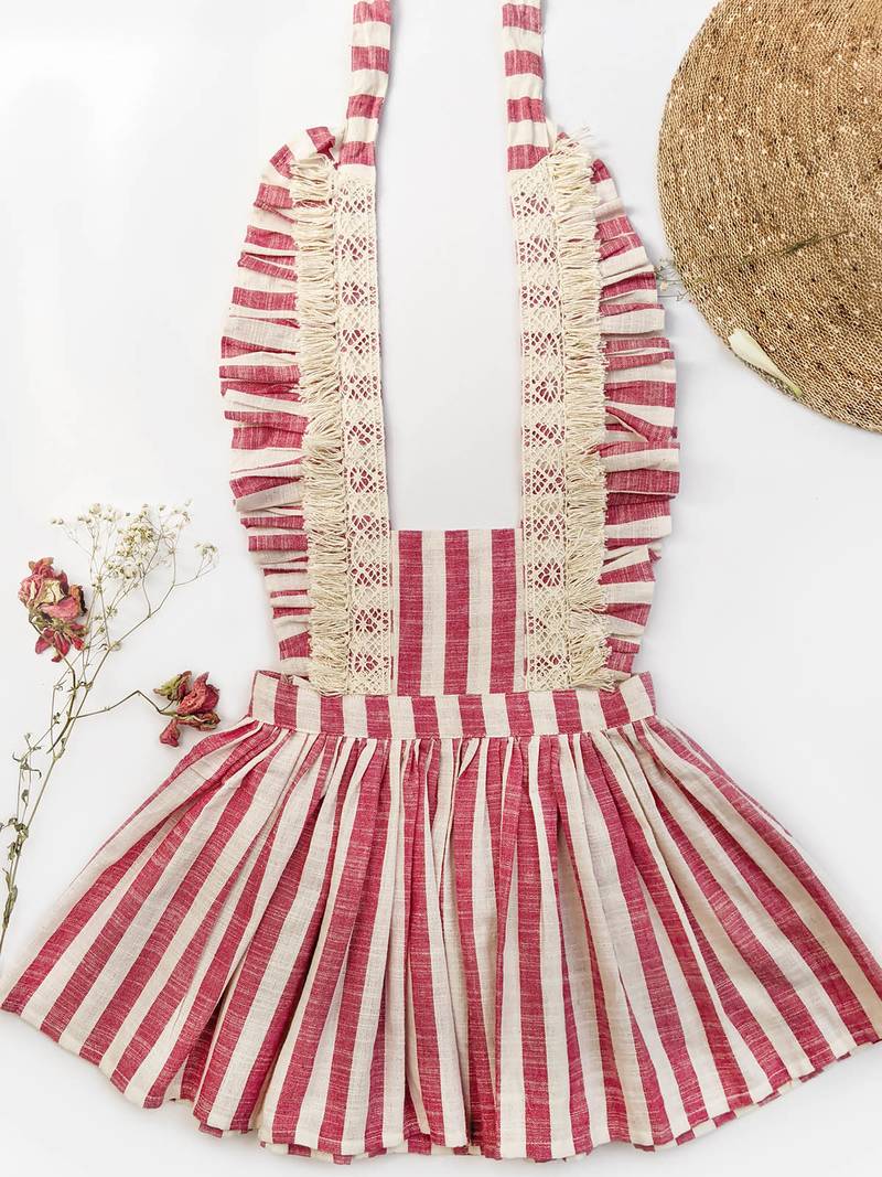 Halemons Pink Stripes Frilled Frock, Crochette Lace, Cotton Weave - Red