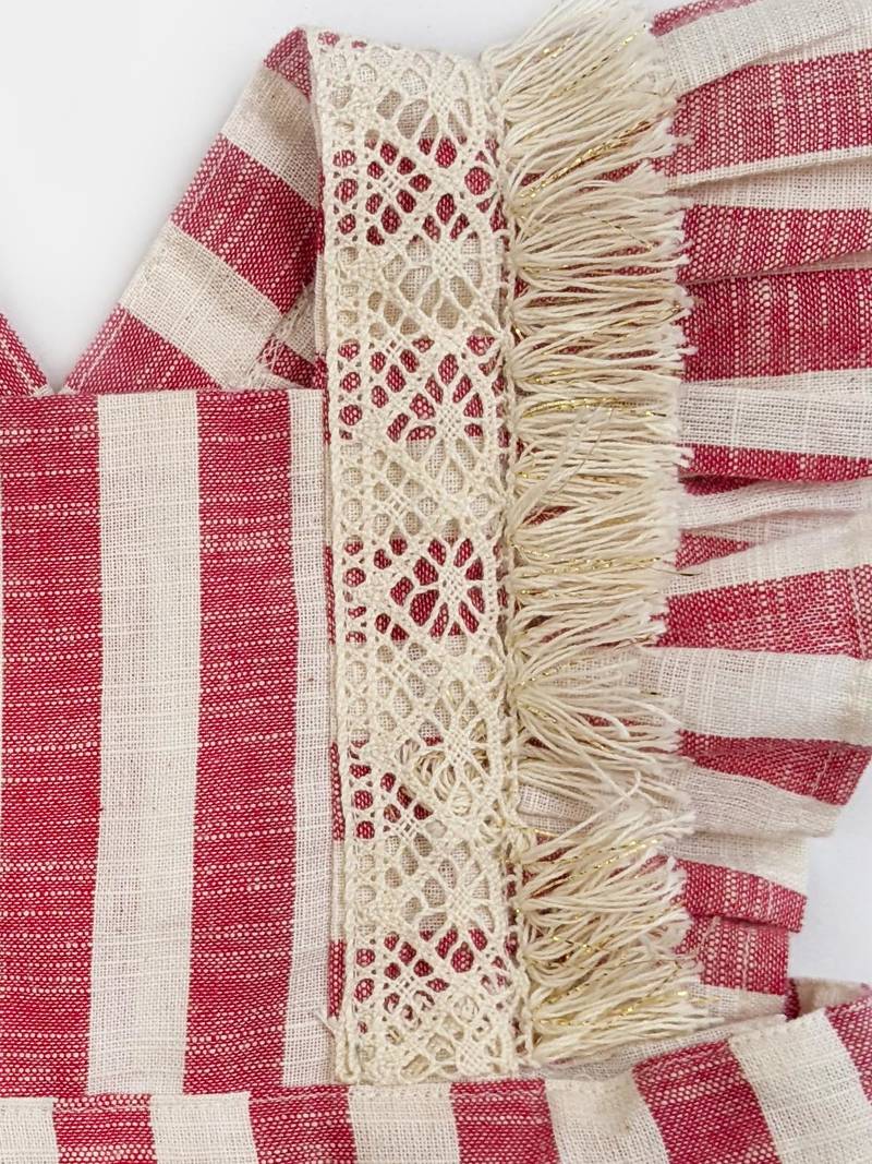 Halemons Pink Stripes Frilled Frock, Crochette Lace, Cotton Weave - Red