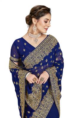 Navy blue embroidered georgette saree with blouse 2