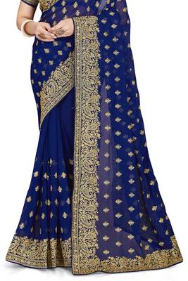 Navy blue embroidered georgette saree with blouse 3