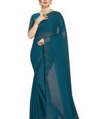 Teal embroidered chiffon saree with blouse