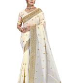 Off white embroidered georgette saree with blouse
