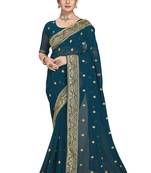 Teal embroidered georgette saree with blouse