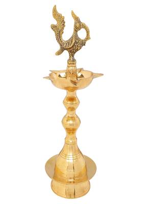 BulkySanta Pure Brass Kerala Chirag Diya Stand | Peacock Diya | Kuthuvilakku (Height - 10 inches 3