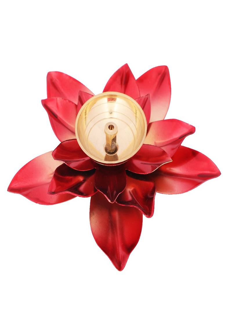 BulkySanta Brass Lotus Diya Big with Copper Petals | Pooja Dia Home Temple Decoration Oil Lamp Gift Items