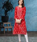 Ada Hand Embroidered Red Cotton Lucknow Chikankari Women Kurta - A133704