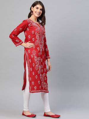 Ada Hand Embroidered Red Cotton Lucknow Chikankari Women Kurta - A133704 2