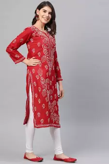 Ada Hand Embroidered Red Cotton Lucknow Chikankari Women Kurta - A133704
