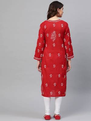 Ada Hand Embroidered Red Cotton Lucknow Chikankari Women Kurta - A133704 3