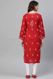 Ada Hand Embroidered Red Cotton Lucknow Chikankari Women Kurta - A133704