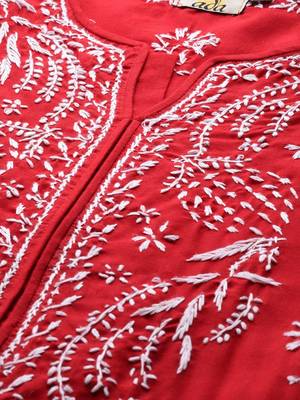 Ada Hand Embroidered Red Cotton Lucknow Chikankari Women Kurta - A133704 4