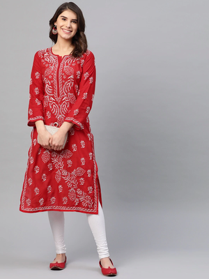 Ada Hand Embroidered Red Cotton Lucknow Chikankari Women Kurta - A133704 5
