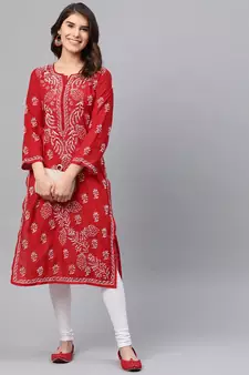 Ada Hand Embroidered Red Cotton Lucknow Chikankari Women Kurta - A133704