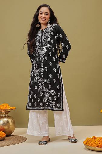 Hand Embroidered Black Cotton Lucknow Chikankari Women Kurta