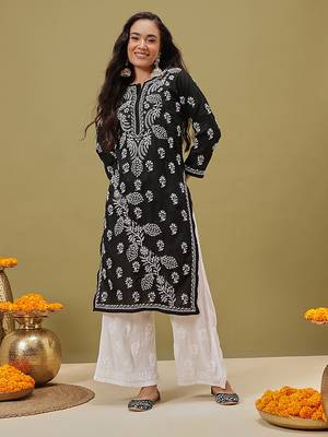 Hand Embroidered Black Cotton Lucknow Chikankari Women Kurta 1