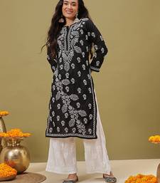 Hand Embroidered Black Cotton Lucknow Chikankari Women Kurta