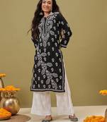 Hand Embroidered Black Cotton Lucknow Chikankari Women Kurta