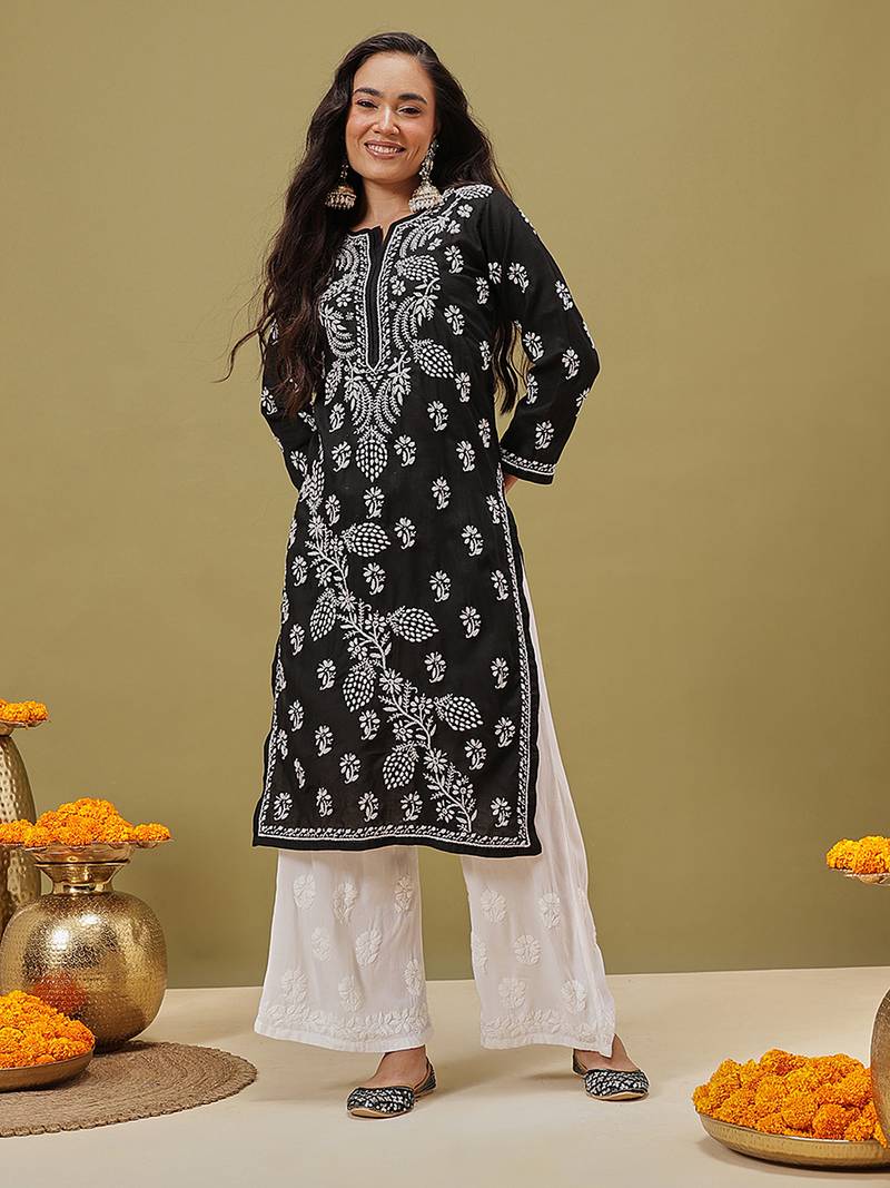 Hand Embroidered Black Cotton Lucknow Chikankari Women Kurta