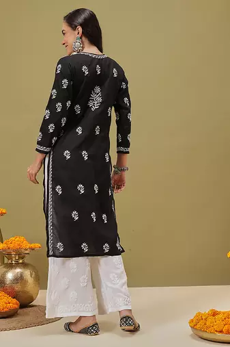 Hand Embroidered Black Cotton Lucknow Chikankari Women Kurta