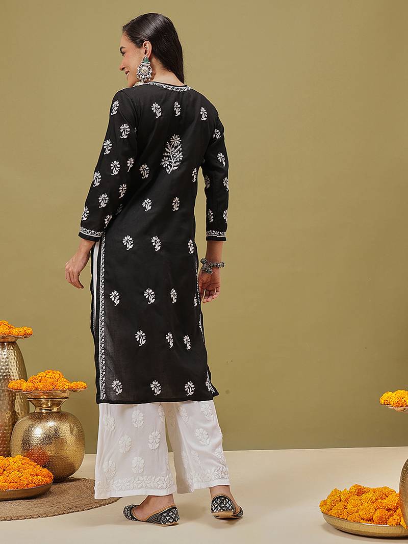 Hand Embroidered Black Cotton Lucknow Chikankari Women Kurta