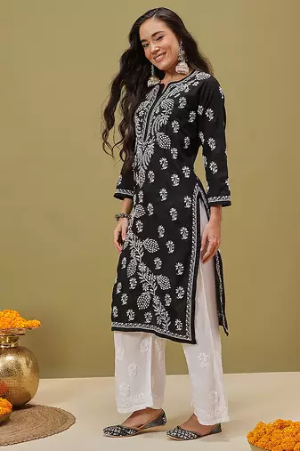 Hand Embroidered Black Cotton Lucknow Chikankari Women Kurta