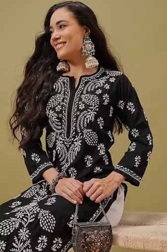 Hand Embroidered Black Cotton Lucknow Chikankari Women Kurta