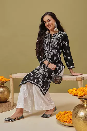 Hand Embroidered Black Cotton Lucknow Chikankari Women Kurta