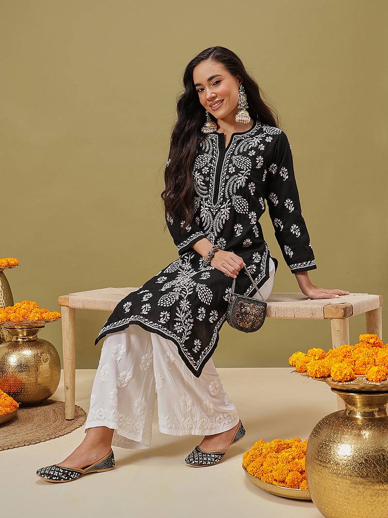Hand Embroidered Black Cotton Lucknow Chikankari Women Kurta