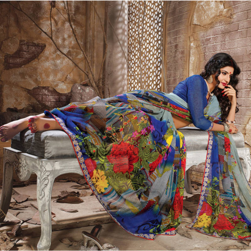 Snuggle Spot Women's Georgette Printed Saree With Unstitched Blouse (Black) main image 1