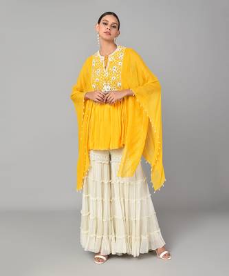 Ivory Bead Sequins Embellished Mustard Tunic Set 1