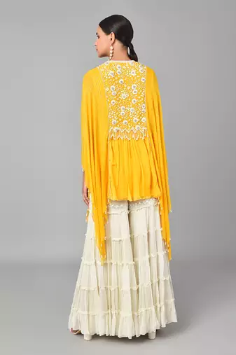 Ivory Bead Sequins Embellished Mustard Tunic Set