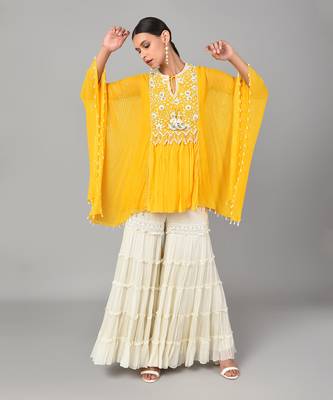 Ivory Bead Sequins Embellished Mustard Tunic Set 3