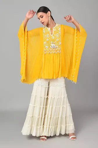 Ivory Bead Sequins Embellished Mustard Tunic Set