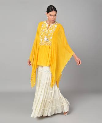 Ivory Bead Sequins Embellished Mustard Tunic Set 4