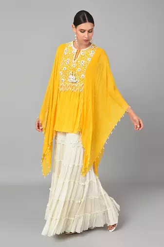 Ivory Bead Sequins Embellished Mustard Tunic Set
