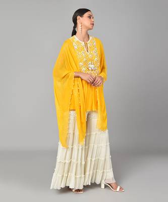 Ivory Bead Sequins Embellished Mustard Tunic Set 5