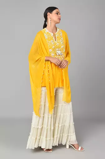 Ivory Bead Sequins Embellished Mustard Tunic Set