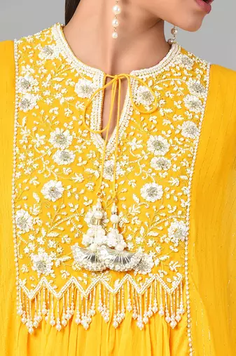 Ivory Bead Sequins Embellished Mustard Tunic Set