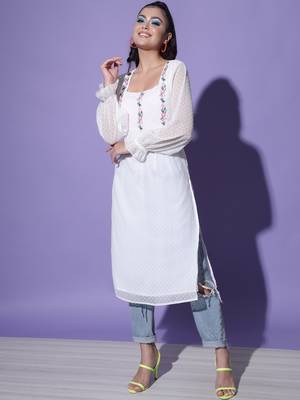 MATINE Women White Chiffon Embroidered Ethnic Style Kurta 1