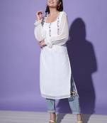 MATINE Women White Chiffon Embroidered Ethnic Style Kurta